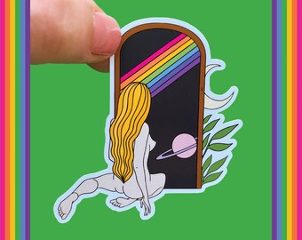 Groovy Retro Witchy Mirror Girl Rainbow Illustration Sticker | Glossy Sticker Laptop Notebook Accessories Decoration