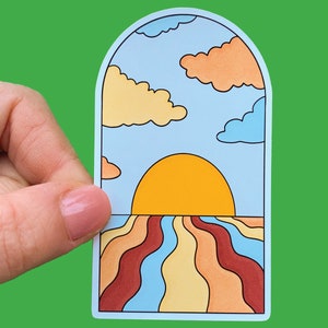 Ilustración retro estilo años 60 y 70 / Atardecer psicodélico en río con sol / Pegatina brillante para portátil y accesorios de decoración