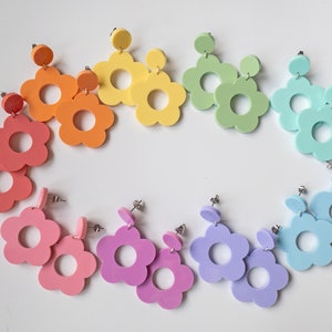 Pastel Rainbow Flower Dangle Earrings | Monochrome Mod 60s Style |  Retro Laser Cut Acrylic Jewellery | Red Orange Yellow Green Blue Purple