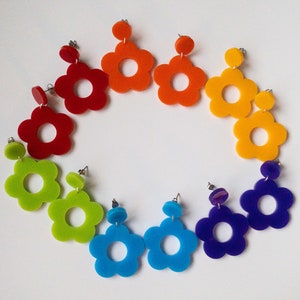 Monochrome Mod 60s Style | Bright Rainbow Flower Stud Earrings | Retro Laser Cut Acrylic Jewellery | Red Orange Yellow Green Blue Purple