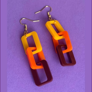 Retro 70s Linked 3D Chain | Hook Dangle Earrings | Groovy Babe Orange and Brown  | Statement Laser Cut Acrylic Jewellery