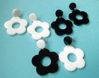 Monochrome Mod 60s Style | Alternate Black and White Flower Earrings | Retro Laser Cut Acrylic Jewellery | Large Shiny Dangle Stud Back