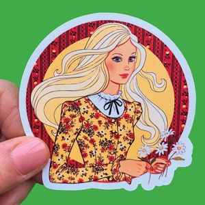 60s 70s Girl Vintage Illustration | Sticker Retro Style Accessories | Blonde Flowers | Quirky Girl Unique Fun | 60s Style Mod Decoration