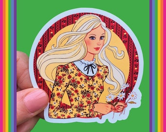 60-70-talsflicka vintageillustration | Klistermärken i retrostil med accessoarer | Blonda blommor | Udda tjej, unik och rolig | 60-talsstil mod-dekoration