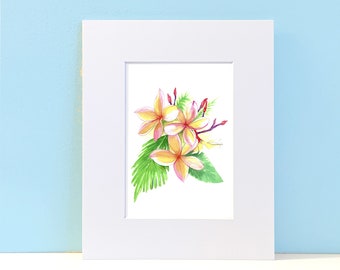PLUMERIA FLOWER PAINTING with a Mat. Home Decor Wall Art Watercolor Print. Tropical Flower. Easter Spring Home Decor Gift