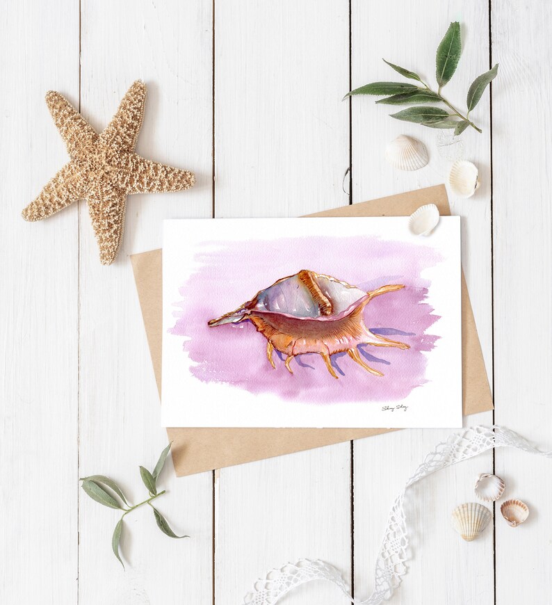 Sea shell Print, Watercolor Wall Art, Conch Shell Painting, Spider Conch 8x10 inches