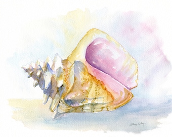Conch Shell Watercolor Painting, Colorful Seashell Wall Art, Coastal Decor Print