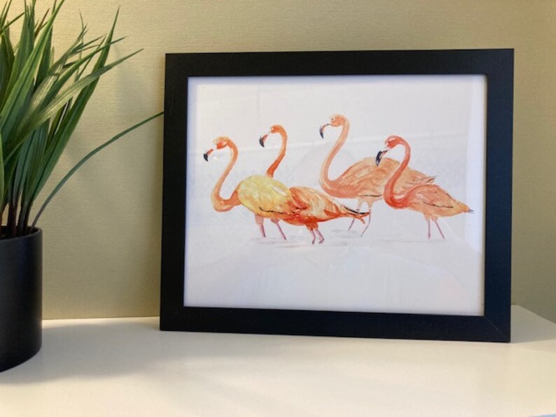 FLAMINGOS Watercolor 8x10 or 5x7 Art Print Painting in Black Frame Pink Orange Tropical Island Bird for Beach House Decor Ocean Life