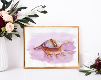 Conch Shell Painting, Spider Conch Watercolor Print, Colorful Seashell Wall Art, Coastal Decor Print
