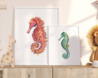 Seahorse Print, Coral Seahorse, Watercolor Painting, Sea Creature Art, Ocean Animals