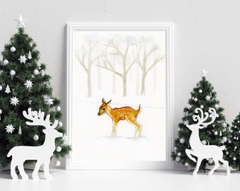 Deer in Snowy Forest Watercolor Print: Woodland Nursery Art