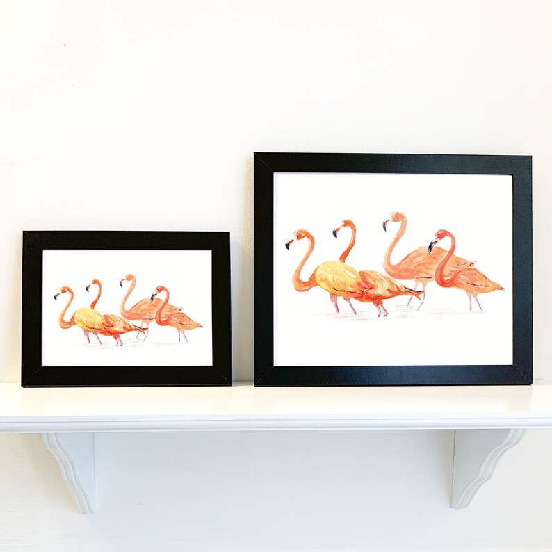 FLAMINGOS Watercolor 8x10 or 5x7 Art Print Painting in Black Frame Pink Orange Tropical Island Bird for Beach House Decor Ocean Life