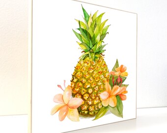 Pineapple Watercolor on Wood Block. Original Art Print for House Decor. Nature Art. Tropical Gift. Available 5x5 or 8x8 Print Wood Mounting