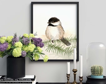 Chickadee Painting, Bird Art Print in Frame, Watercolor Art, Nature Art, Cute Bird, 5x7 or 8x10 Black Frame,