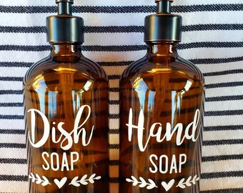 Farmhouse Decor, 16 oz Amber Glass Jar w/Bronze Stainless Steel Pump, Set of 2, Hand Soap, Dish Soap, Dish Dispenser, Kitchen, Refillable