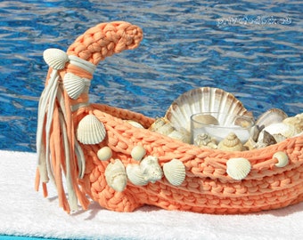 Basket Boat, Home SPA, Tropical Boat, Island Style, Crochet Basket, Sea Shells Decor, Sea House. Fabulous Gift for Your Home!