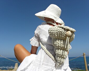 Backpack - Shell Basket Crochet, Boho Backpack, Eco Friendly, Natural T-Shirt Yarn, Summer Beach Organizer, Fabulous Gift!