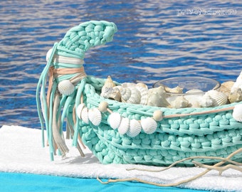 Basket Boat, Home SPA, Tropical Boat, Island Style, Crochet Basket, Sea Shells Decor, Sea House. Fabulous Gift for Your Home!