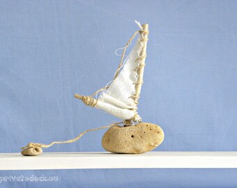 Sailboat with Anchor! Beach Stone, Driftwood, Linen. Natural Sculptures, Beach Art, Minimalist Art, Cottage Chic, Seaside Beach Decor!