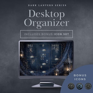 May include: A desktop computer monitor displays a dark blue desktop organizer with a lantern theme. The screen shows a layout with various icons and a bonus icon set. The text "Desktop Organizer" and "Includes Bonus Icon Set" are visible.