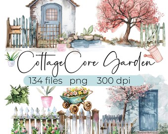 ClipArt CottageCore Country Cottage Garden Whimsical Printable Watercolor Floral Sublimation Garden Inspired Craft Fussy Cut Print on Demand
