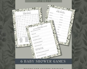 Woodland Baby Shower Games Printable Baby Predictions Game Neutral Sage Greenery Fun Party Games Activity Set
