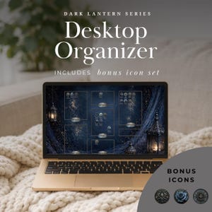 May include: A gold laptop displays a desktop organizer with a dark blue theme, featuring icons and text. The screen reads "Desktop Organizer" and "Includes bonus icon set." Bonus icons are shown below the laptop. The laptop rests on a white knitted blanket.