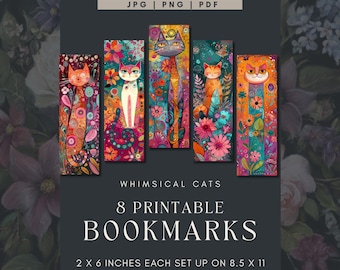Bookmarks Cute Whimsical Cat Printable Bookmarks Quirky Animal Bookmark Design for Sublimation Gift for Book Lover Cat Lover PNG