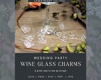Wedding Wine Glass Charms Laser Cut File Heart Shape Party Gift Bridal Shower Party Favor Tag SVG Glowforge File Wedding Keepsake Bride