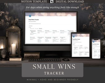 Notion Template Small Wins Tracker Mental Health Motivation Tool ADHD Friendly Productivity Planner Daily Habit Tracker Minimal Template