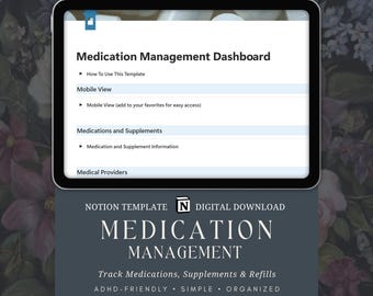 Medication Tracker Notion Template | Pill Tracker | Supplement Tracker | ADHD Friendly Medication Organizer | Refill Tracker