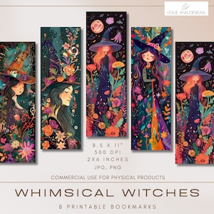 May include: Eight printable bookmarks featuring whimsical witches with colourful floral designs and a dark background. The bookmarks are 8.5 inches by 11 inches and 300 DPI.