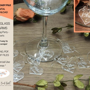 Laser Ready Cut File, Wine Glass Charms for Bridal Party In Heart Shape, Glowforge SVG, Digital Download Perfect for Using Scraps