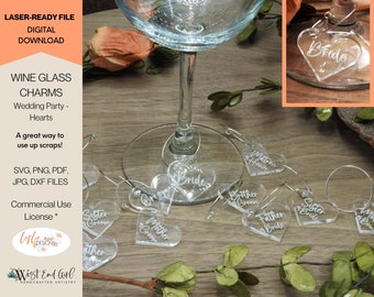 Laser Ready Cut File, Wine Glass Charms for Bridal Party In Heart Shape, Glowforge SVG, Digital Download Perfect for Using Scraps