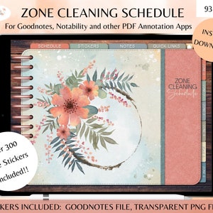 May include: Digital zone cleaning schedule displayed on a tablet. The schedule features a floral design with peach and green watercolor flowers. Text includes "Zone Cleaning Schedule," "Over 300 Free Stickers Included!!" and "Instant Download."