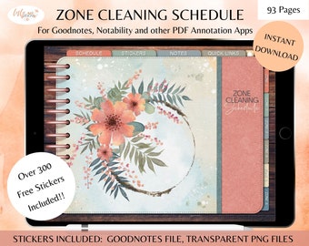 Zone Cleaning Schedule Digital Planner for PDF Annotation Apps with Free Pre-cropped and Cropped (PNG) Stickers