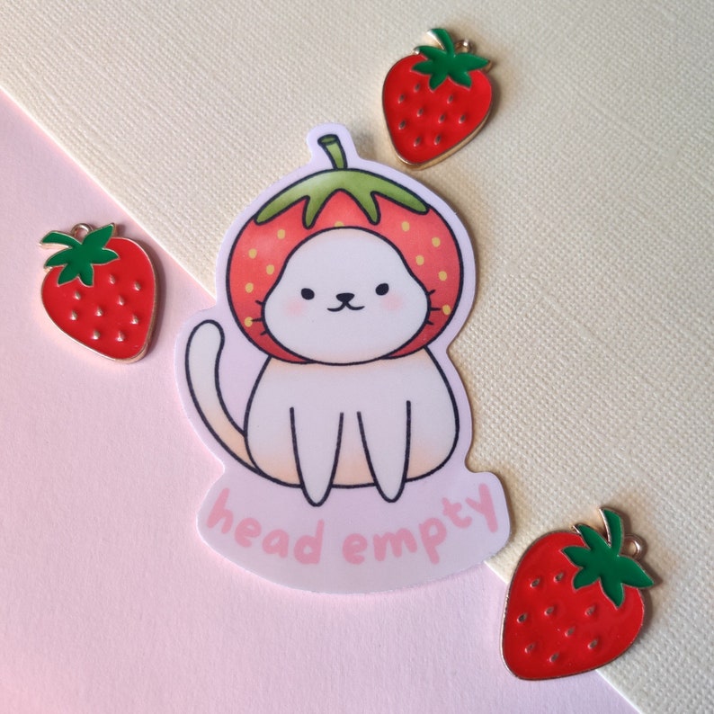 Head Empty Strawberry Cat Kitten Kawaii Pastel Cottagecore Glossy ...