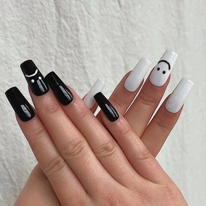 Indie Smiley Sad Face Middle Finger Black And White Nails Etsy