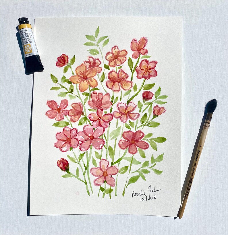 Original hand-painted Peach Color Flowers Loose Watercolor Painting 9x12 room decor House warming Gift Wall art Birthday gift