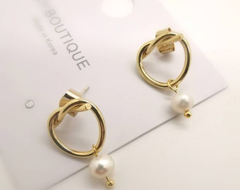 Uniquely Shaped Gold Plated Earrings with Small Pearl Drop | Gold Earrings | Pearl | Gift | Handmade