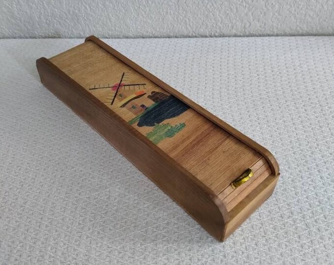 Vintage Japanese Roll Top Wooden Pencil Case Box With Windmill Design
