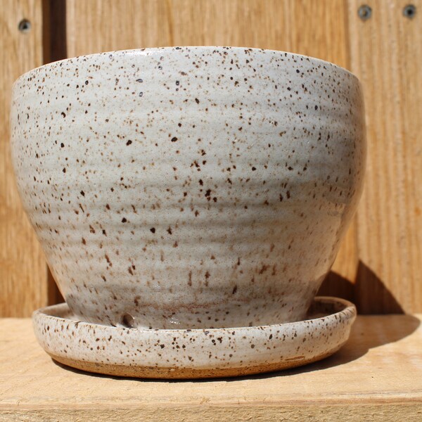 Cream Speckled Ceramic Planter, with Attached Drainage Tray, Wheel Thrown