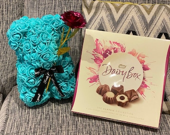 Handmade Rose Bear (25cm) with Dairy Box Chocolates