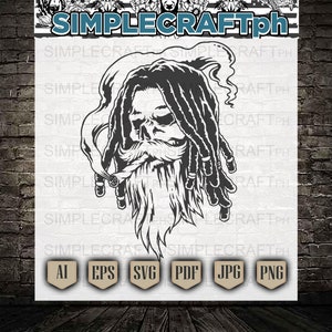 May include: Black and white illustration of a skull with dreadlocks, a beard, and a cigarette in its mouth. The skull is smoking and has a cloud of smoke coming from its mouth. The image is in a simple, minimalist style.