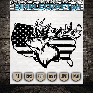 Rothirsch SVG || Hirsch-Jagd-Svg || Outdoor-Jagd-Svg || Rentier SVG || Weißwedelhirsch SVG || Hirschkopf Jagd Tshirt || Landkarte der USA