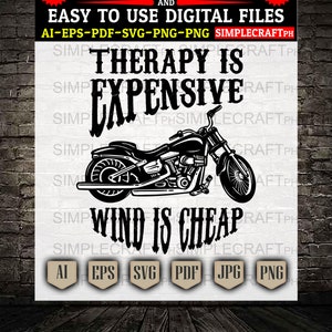 Therapie is duur Wind is goedkoop SVG || Motorfiets chique SVG || Fietsers worden niet grijs, we worden chroom-svg || Fietser-T-shirt || Cricut-ontwerp