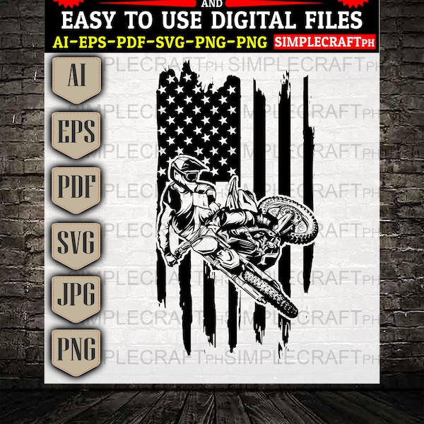 Dirt Bike svg || Motocross Sports svg  || Distressed American flag svg  || Cricut design