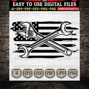 American Mechanic svg || Mechanic Flag svg || Wrenches svg  || Distressed American flag svg  || Cricut design