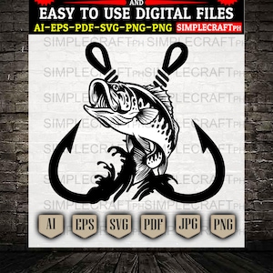 Fishing Svg || Fishing Hook Svg || Bass Fishing Svg || Large Mouth Bass Svg || Bass Clipart || Hook Svg || Fishing Hook Decals || Svgs