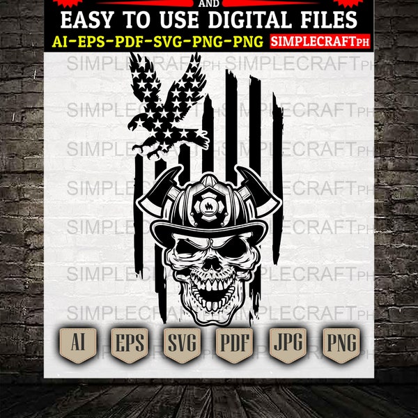 Fireman Skull svg || axe svg || Distressed American flag svg || Fire Fighter shirt || Fire Fighter svg || Skull svg